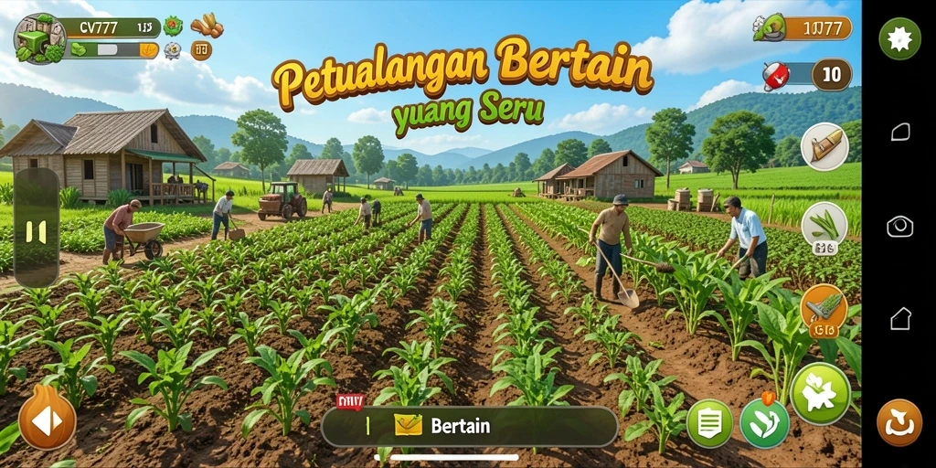 Antarmuka utama CV777 menampilkan ladang yang subur dan alat pertanian yang lengkap.